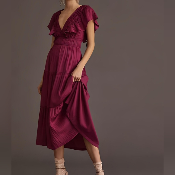 Anthropologie Dresses & Skirts - Anthropologie Somerset Ruffled Tiered Midi Dress Is Raspberry Size Medium